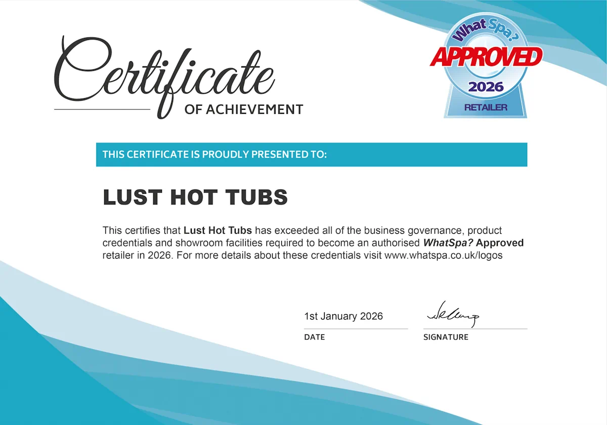 Lust Hot Tubs 2026 WhatSpa WhatSwimSPa Approved Retailer Certificate