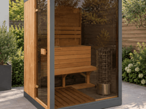 1.5m Square Glass Outdoor Sauna – 9kW Heater